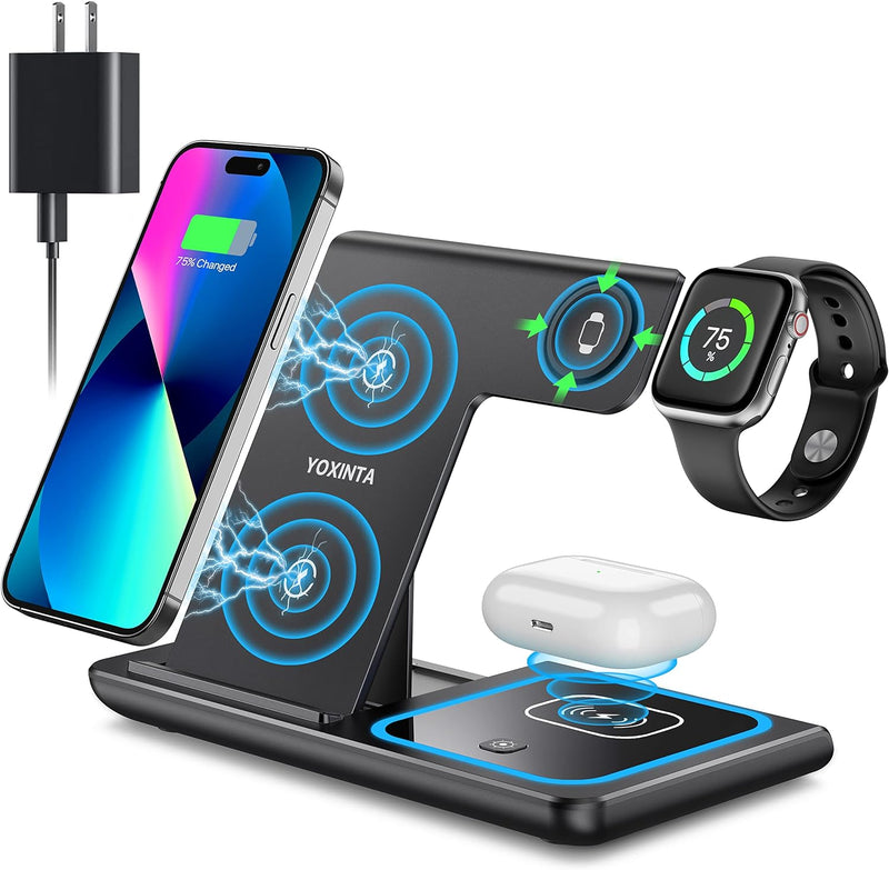 Wireless Charger, 3 in 1 Wireless Charging Station, Fast Wireless Charger Stand for iPhone 15 14 13 12 11 Pro Max XR XS 8 Plus, for Apple Watch 8 7 6 5 4 3 2 SE,for AirPods Pro 3 2 (Black)